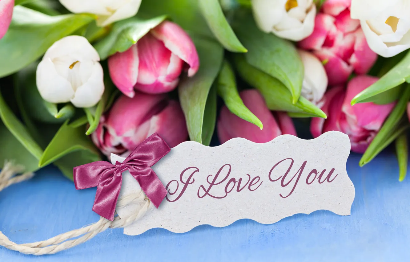 Фото обои тюльпаны, записка, бантик, я тебя люблю, I love you, Tulips