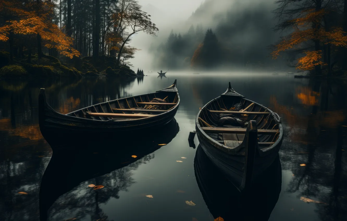 Фото обои lake, boat, fall, AI Art