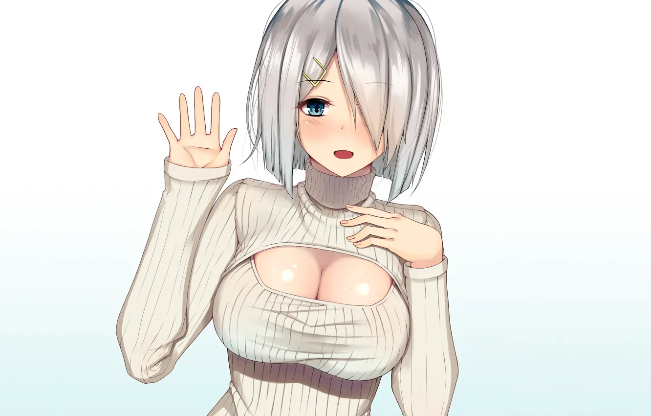 Фото обои girl, sexy, cleavage, boobs, anime, blue eyes, beautiful, short hair