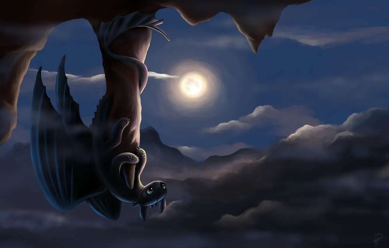 Фото обои ночь, скала, луна, дракон, art, Беззубик, как приручить дракона, ночная фурия