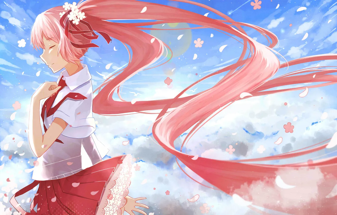 Фото обои девушка, улыбка, лепестки, сакура, профиль, vocaloid, hatsune miku, вокалоид