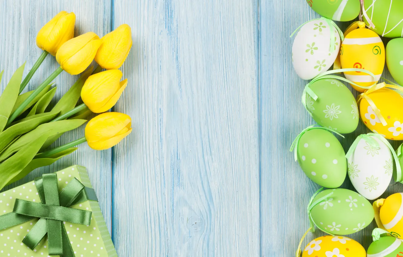 Фото обои Пасха, тюльпаны, yellow, wood, tulips, spring, Easter, eggs