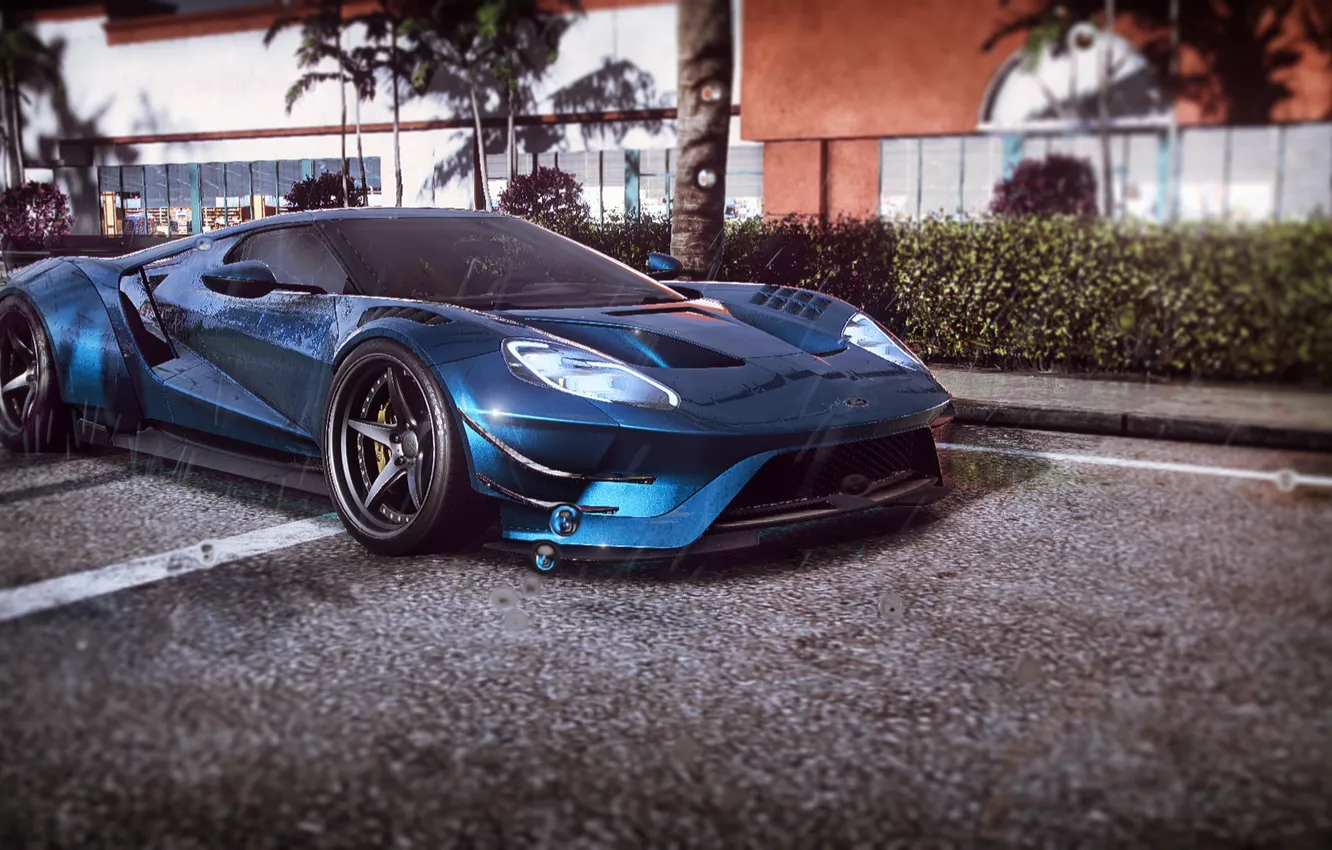 Фото обои асфальт, дождь, Форд, лужи, суперкар, Ford GT, спорткар, бирюзовый