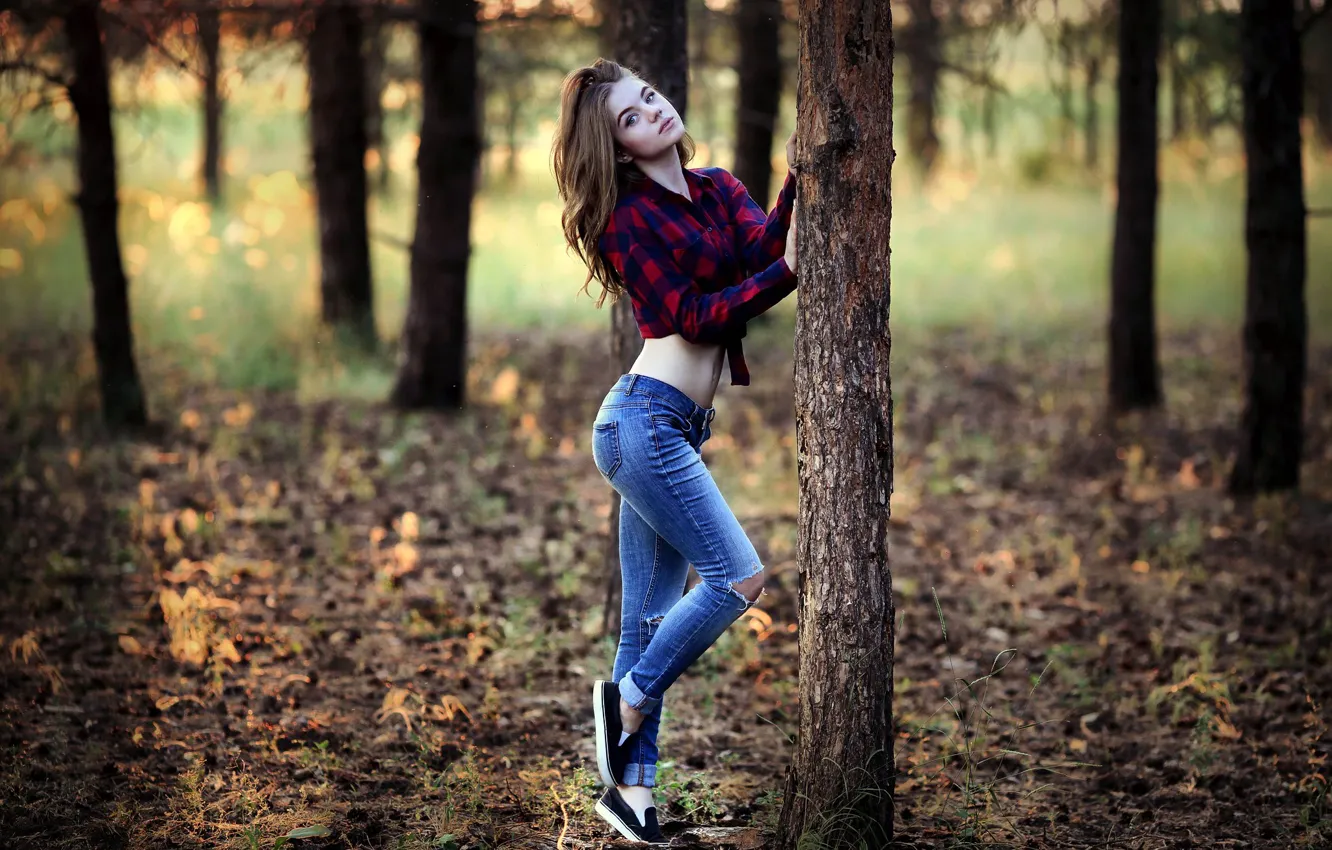 Фото обои Girl, Wood, Autumn, Pose, Sight