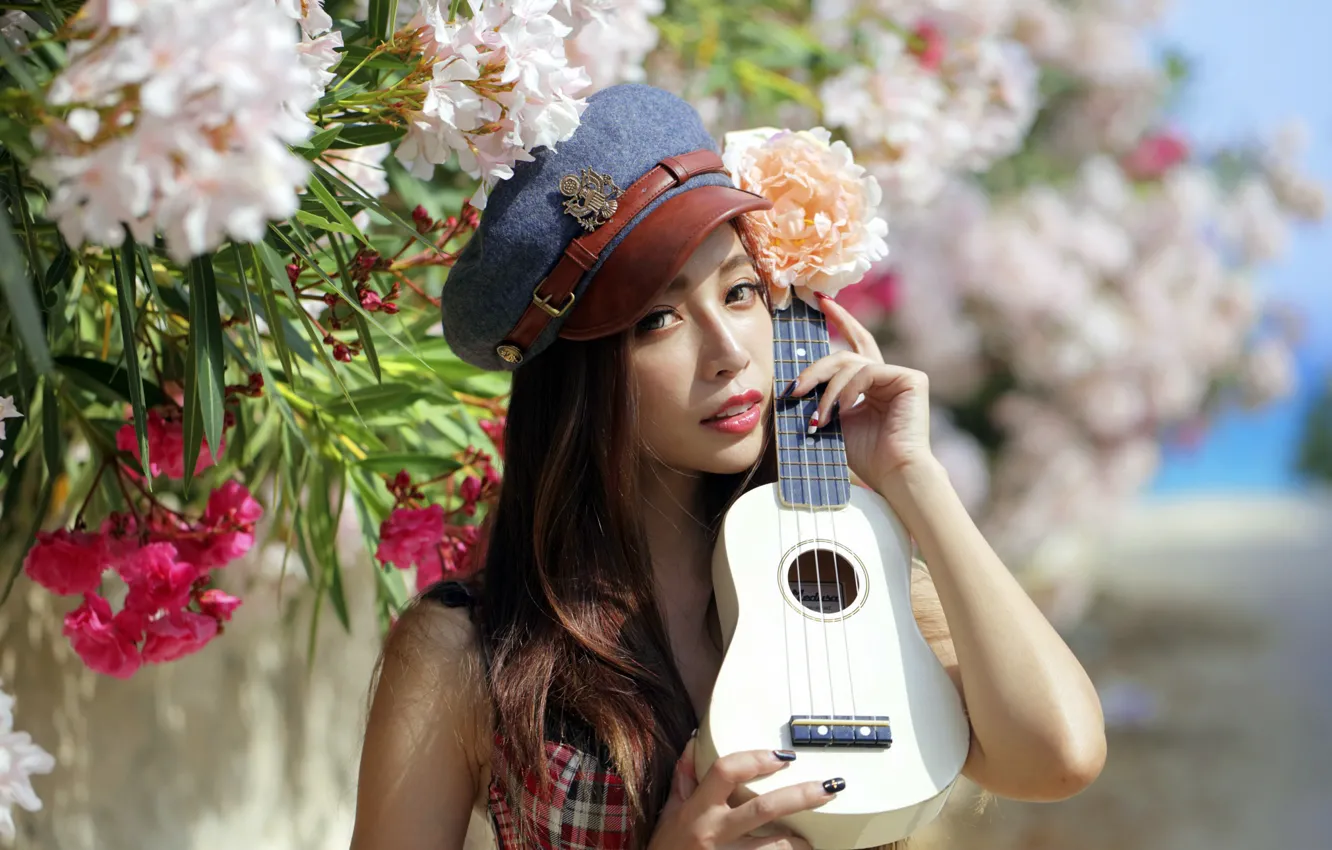 Фото обои девушка, гитара, портрет, азиатка