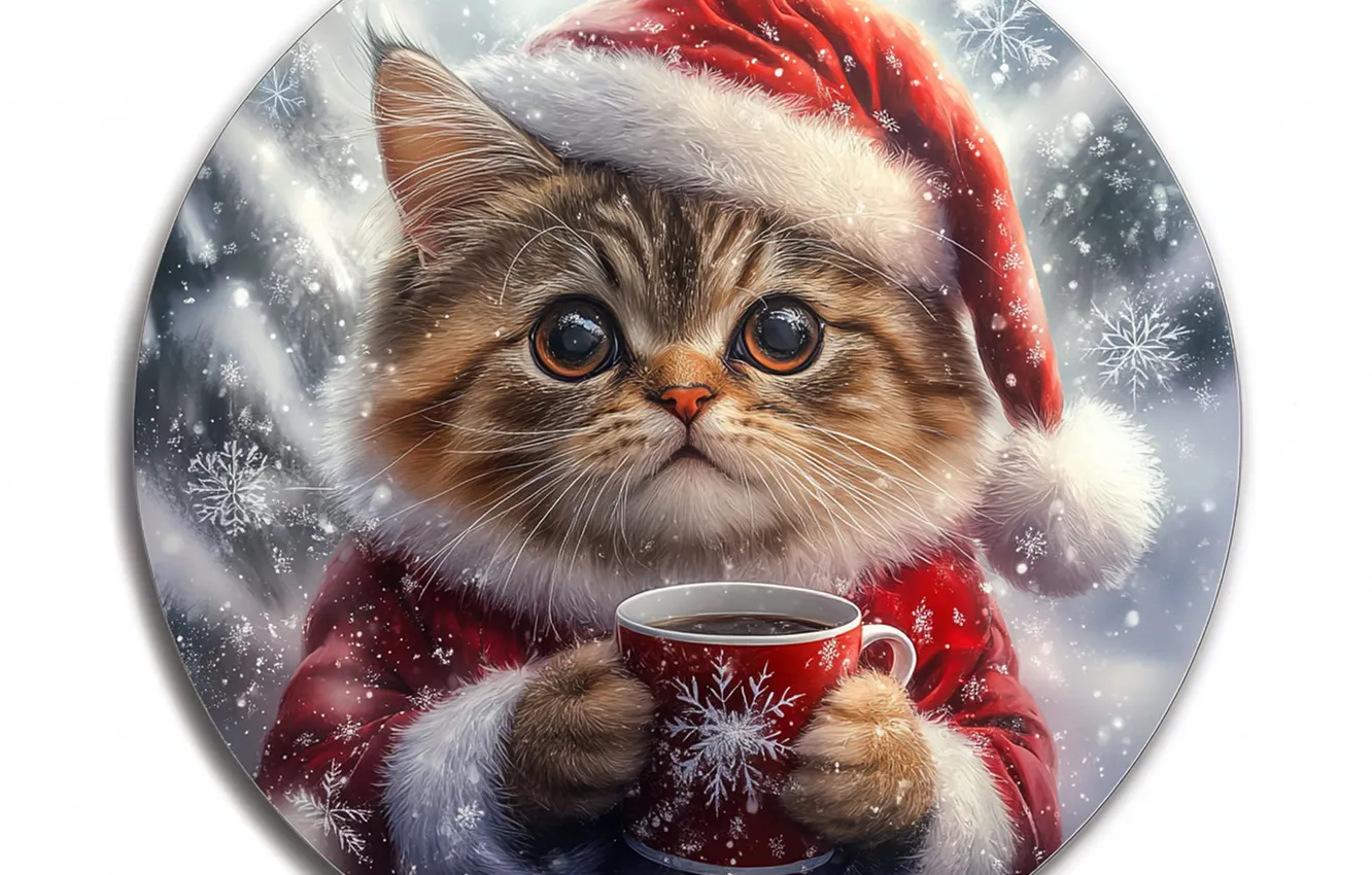Фото обои зима, кошка, взгляд, снег, снежинки, поза, котенок, чай