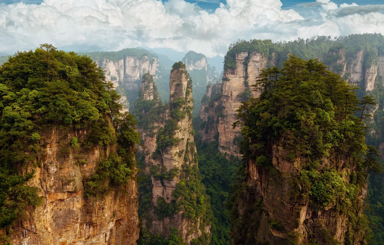 Фото обои небо, облака, скалы, Китай, пандора, КНР, провинция Хунань, 湖南张家界国家森林公园