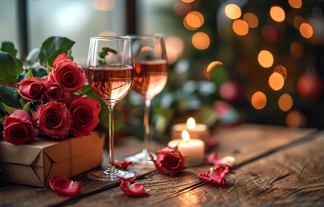 Фото обои любовь, цветы, подарок, романтика, розы, бокалы, love, шампанское