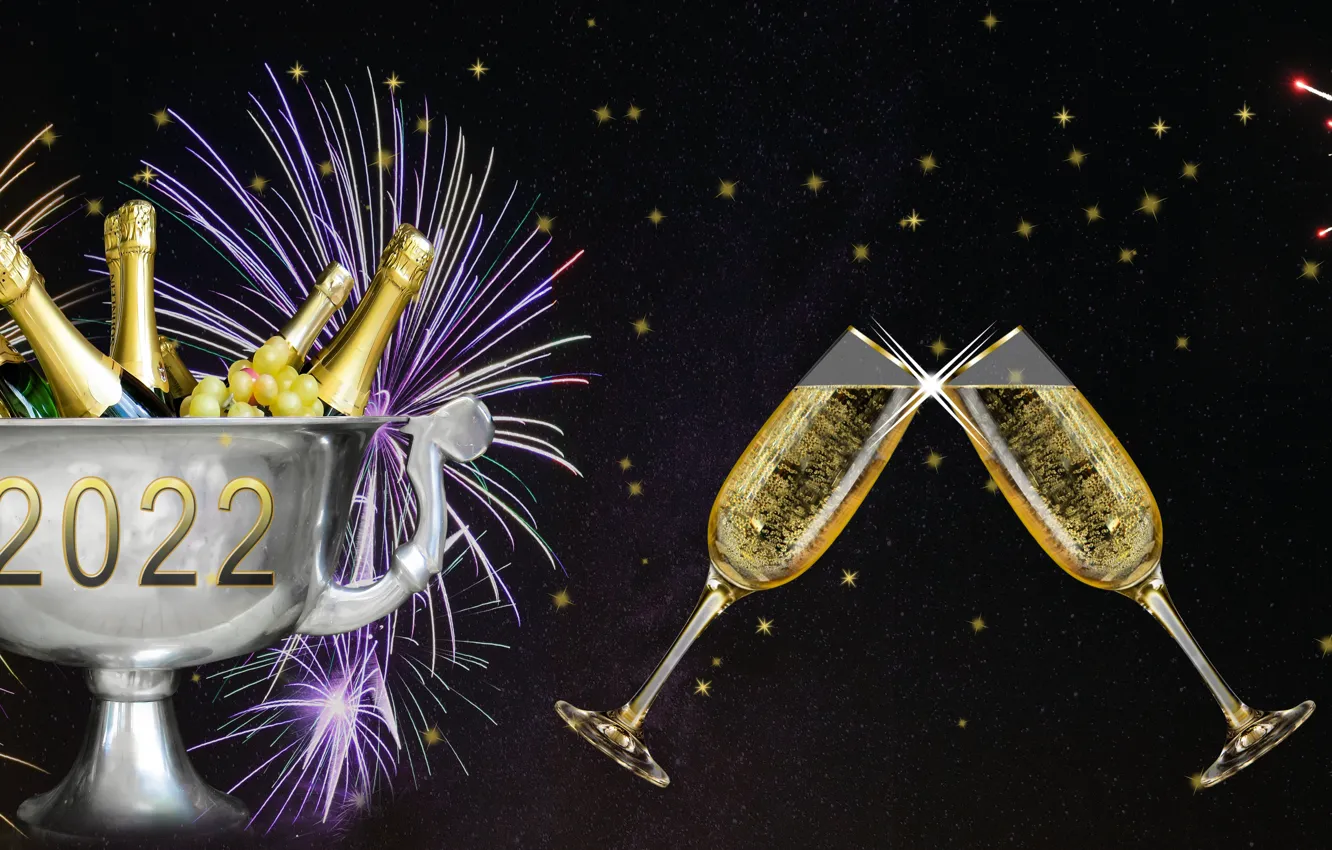 Фото обои Салют, Бутылки, Новый год, Чёрный фон, Фейерверк, Бакалы, Шампанское, 2022