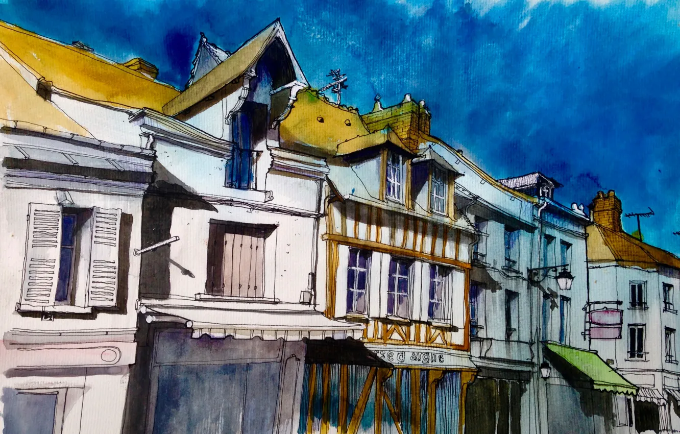 Фото обои город, рисунок, Франция, дома, акварель, Паси-сюр-Эр
