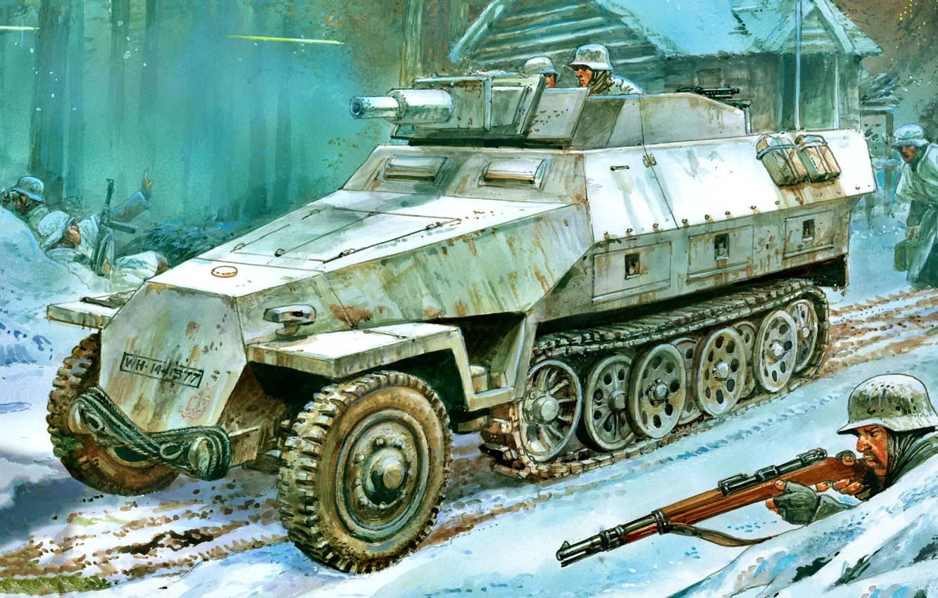 Фото обои Зима, Снег, Вермахт, Бронетранспортёр, Sd.Kfz.251, WWII, Cолдат, Sd.Kfz.251/9 Ausf.D Stummel