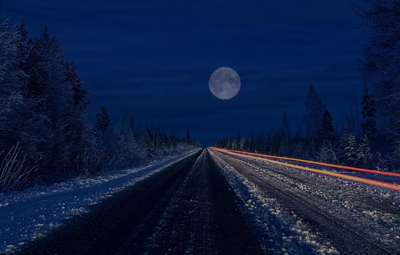 Фото обои дорога, ночь, луна