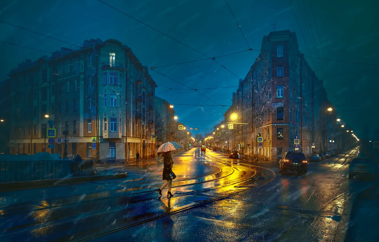 Фото обои дорога, город, дождь, здания, дома, вечер, Питер, Санкт-Петербург