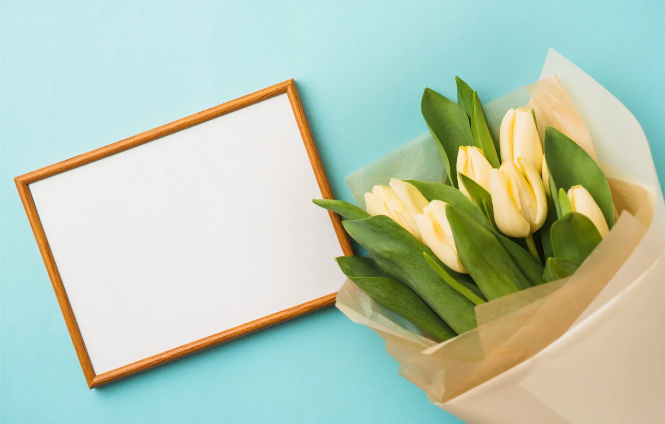 Фото обои цветы, букет, рамка, тюльпаны, yellow, flowers, romantic, tulips