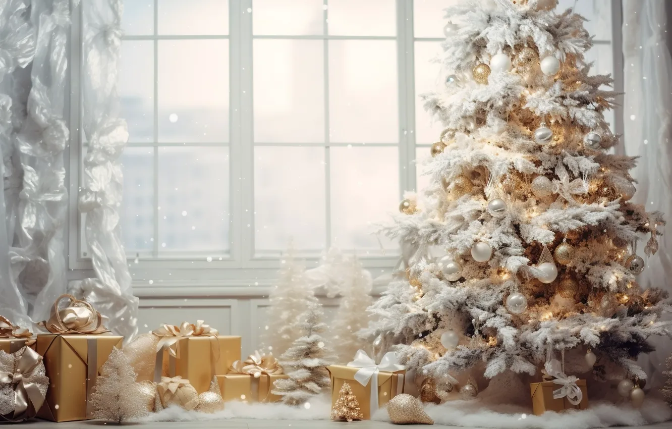 Фото обои зима, снег, украшения, комната, шары, елка, интерьер, Новый Год