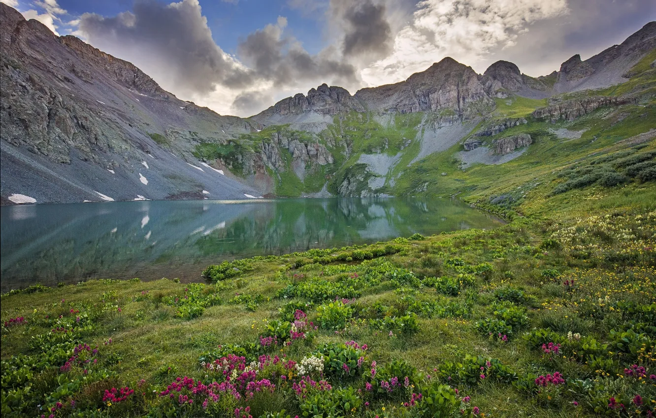 Фото обои цветы, горы, природа, озеро, отражение