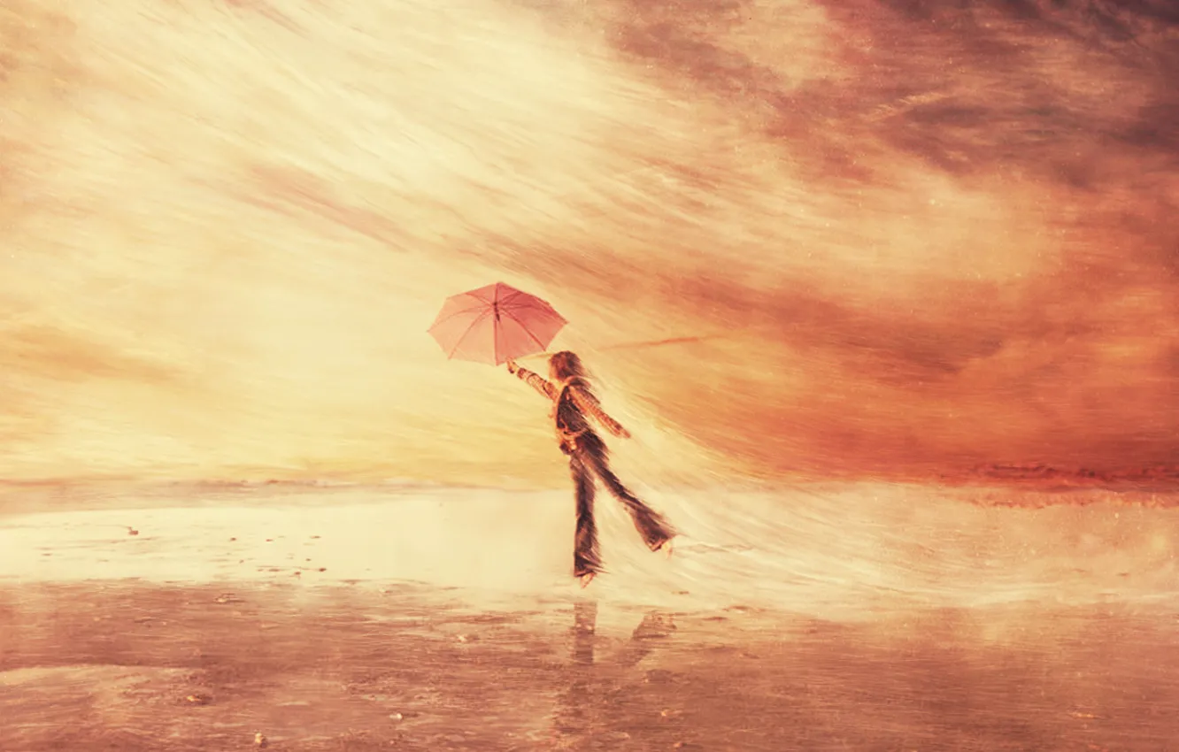 Фото обои ветер, человек, зонт