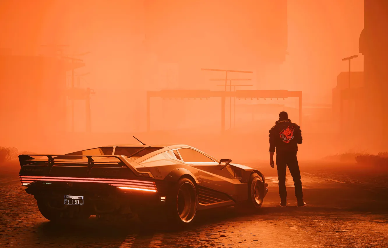 Фото обои машина, закат, город, дым, Cyberpunk 2077, quadra