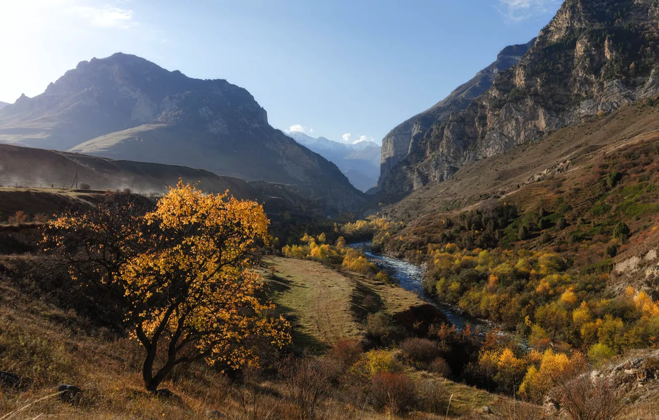 Фото обои осень, пейзаж, горы, природа, река, Кабардино-Балкария, Юрий Шевченко, Чегемское ущелье