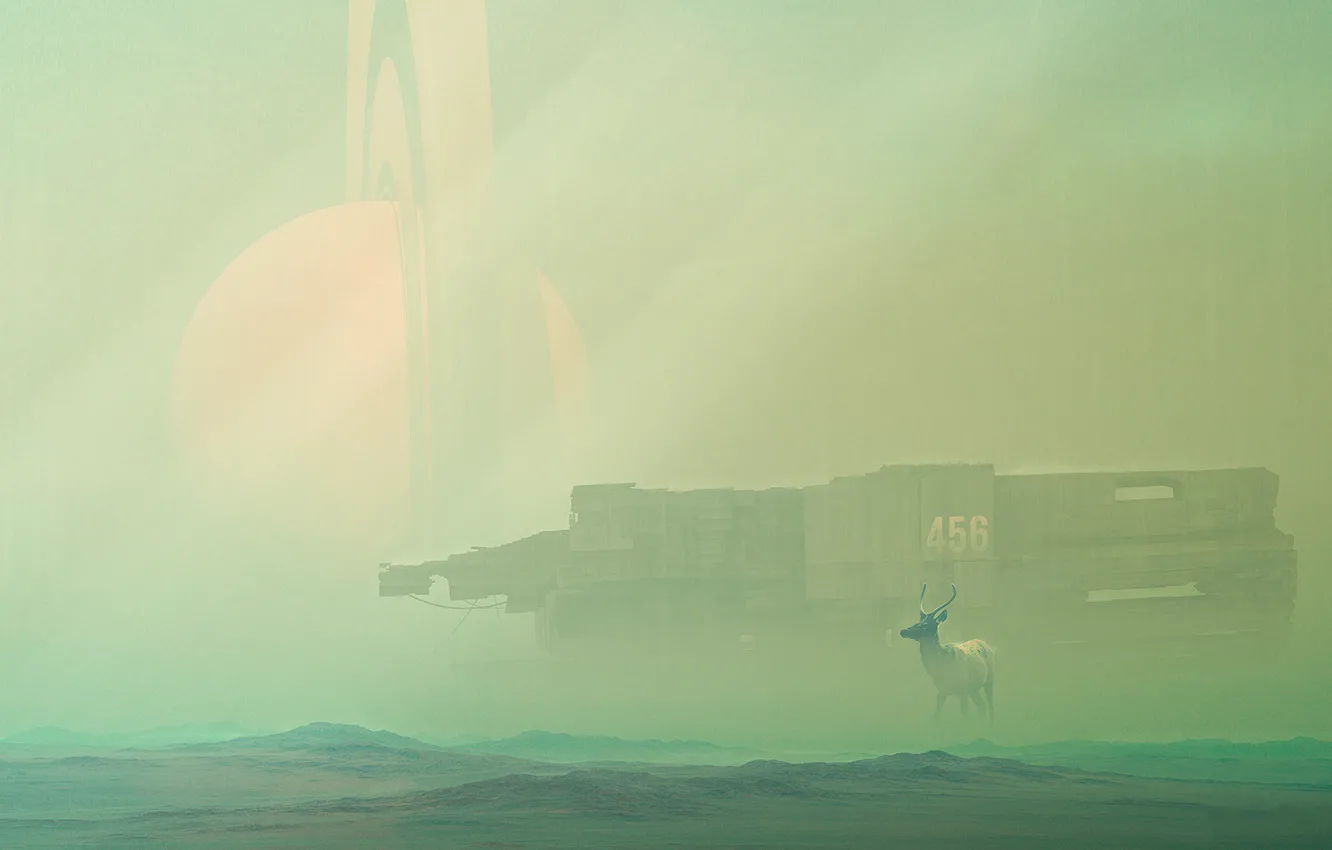 Фото обои поверхность, туман, фантастика, планета, олень, кольцо