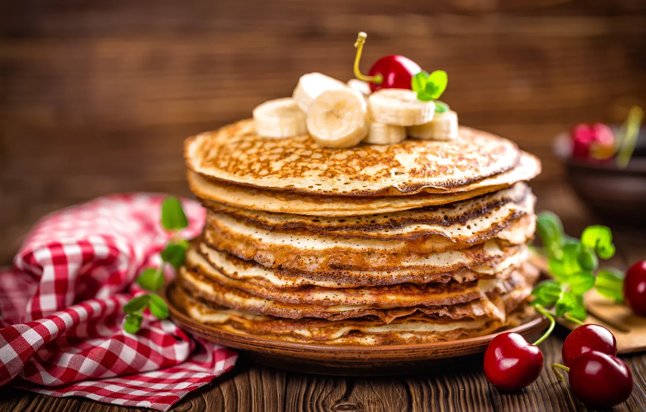 Фото обои бананы, блины, выпечка, джем, banana, pancakes