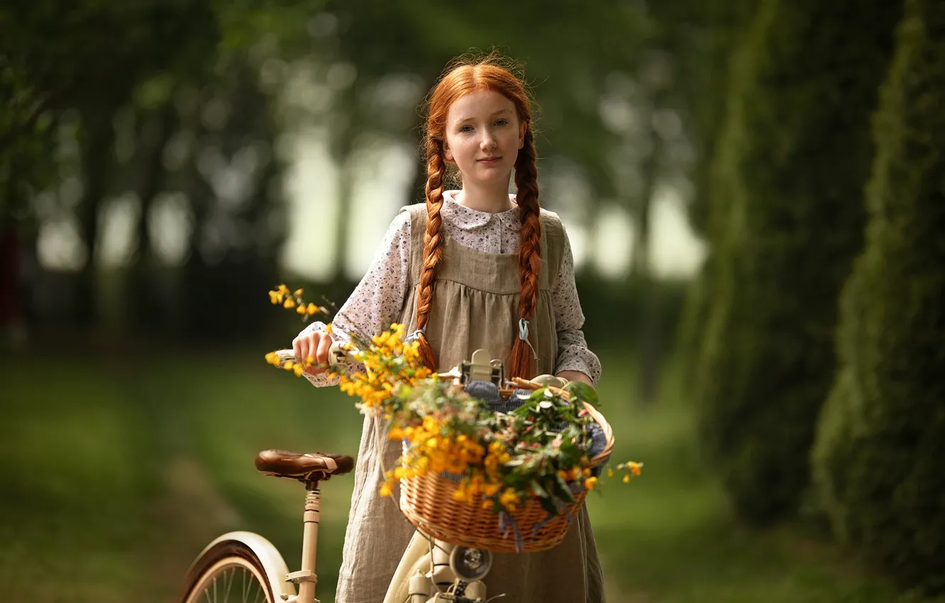 Фото обои цветы, велосипед, корзина, девочка, рыжая, Ragan Sylwia