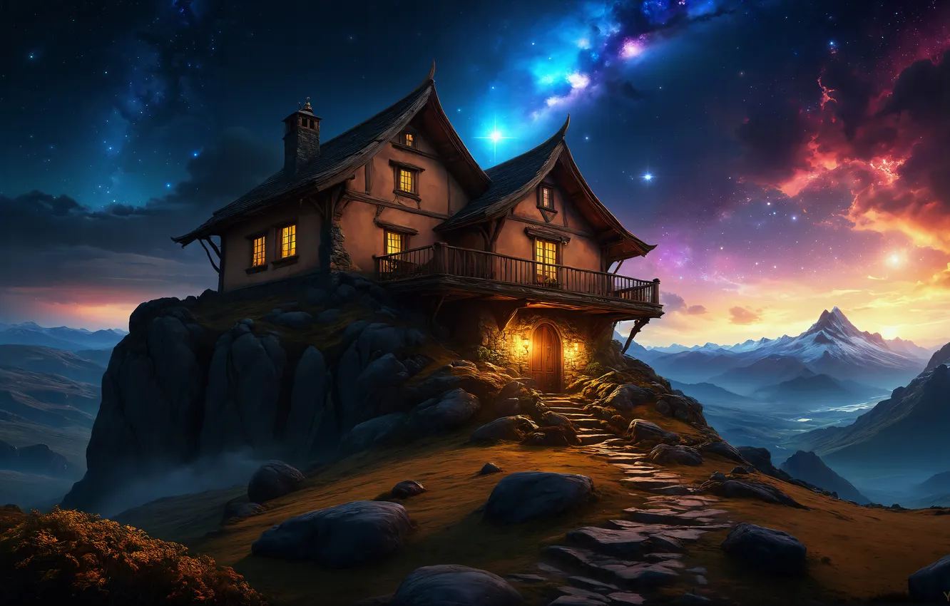 Фото обои Fantasy, Surreal, Wooden House, Mountain Peak, Dreamlike