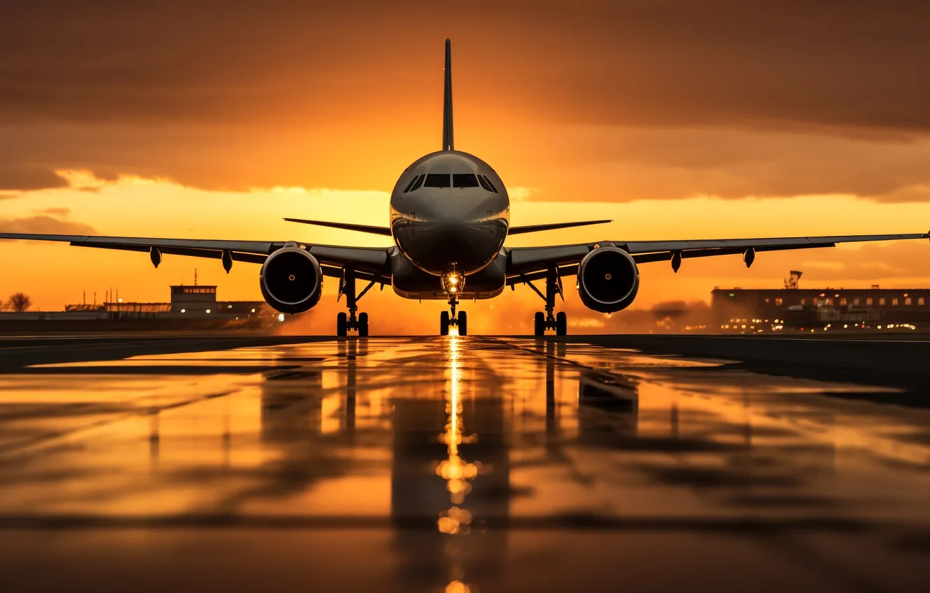 Фото обои flying, sunset, clouds, airplane