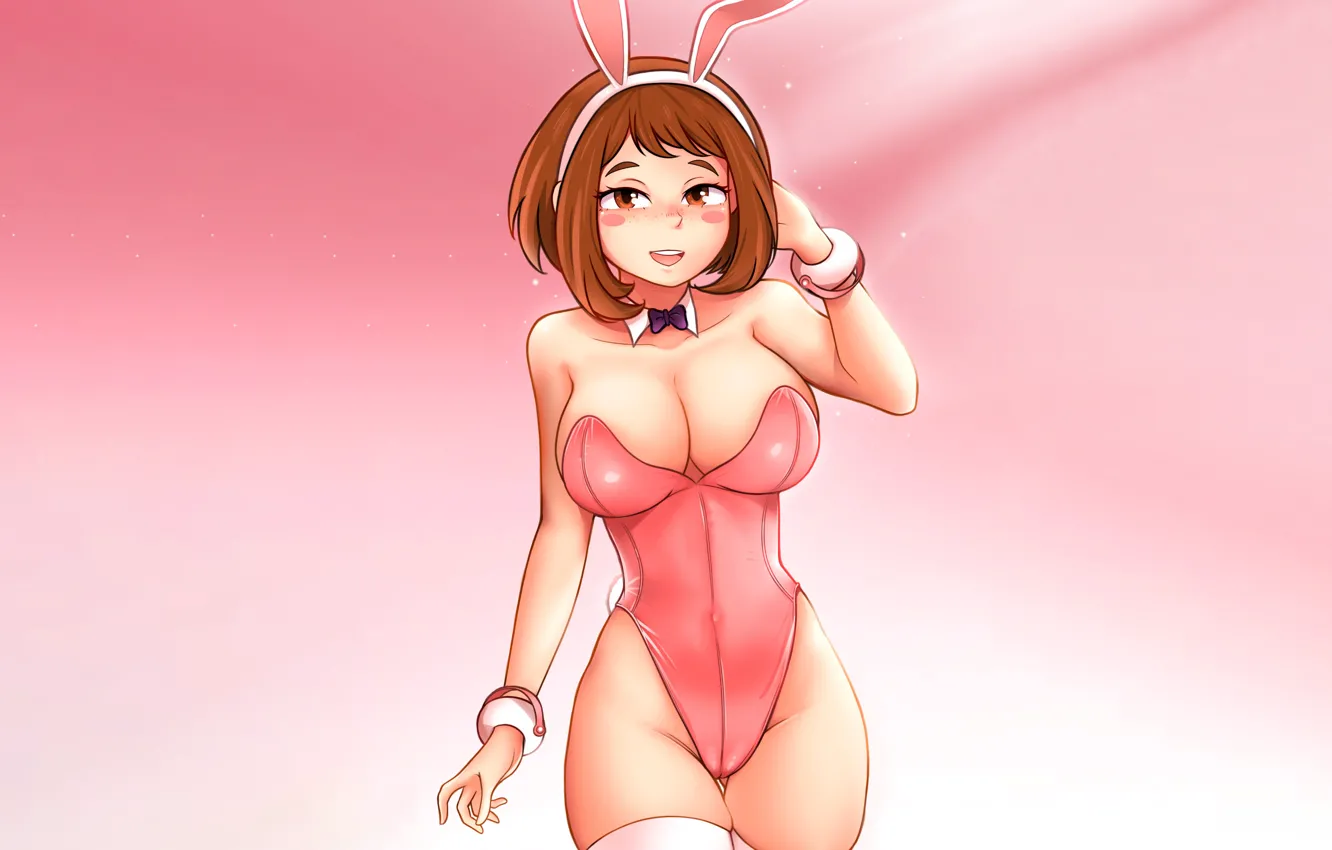 Фото обои girl, sexy, cleavage, thighhighs, brown hair, brown eyes, boobs, anime