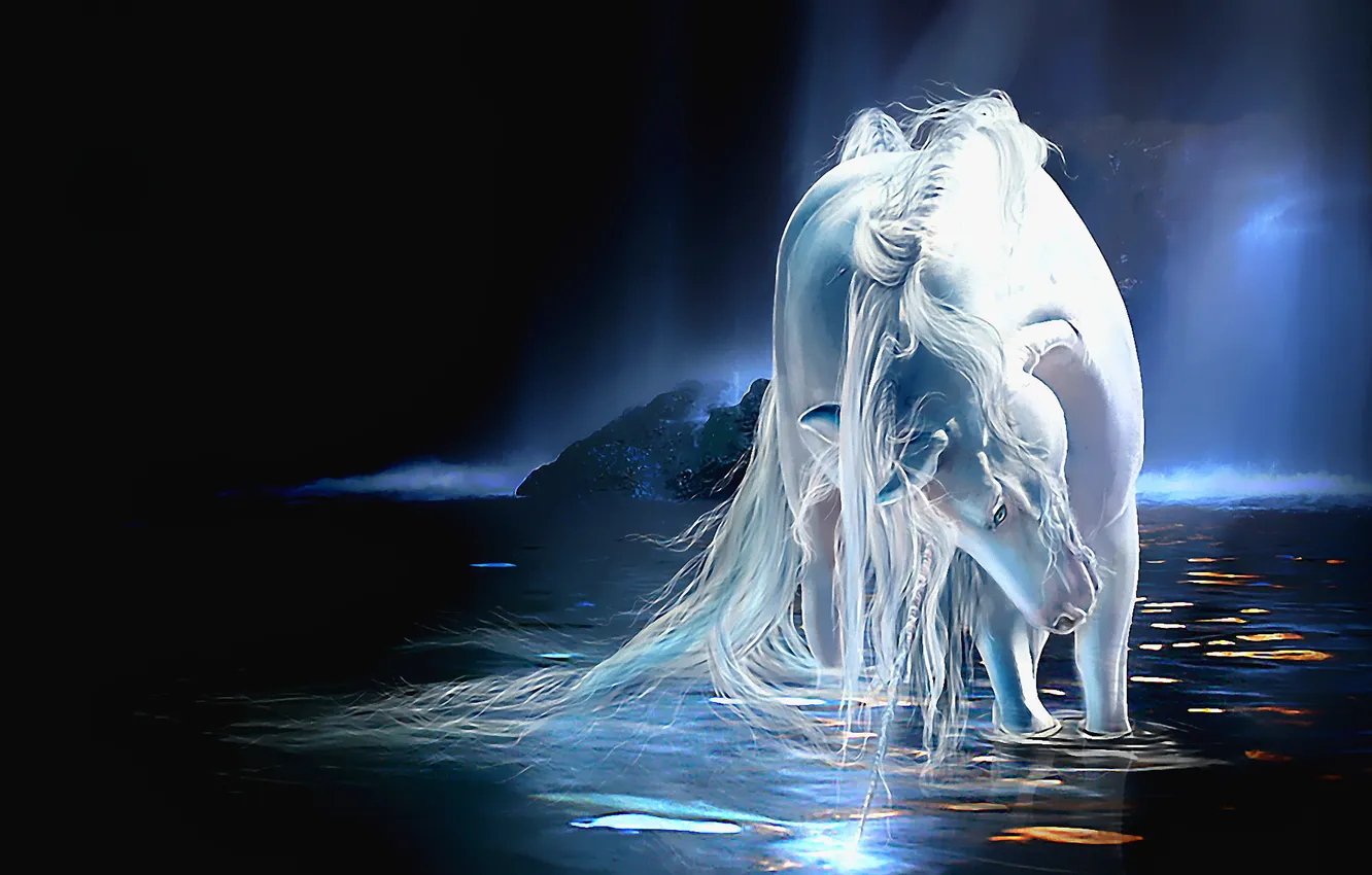 Фото обои white, art, horse, watering hole