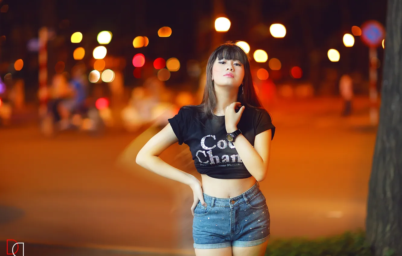 Фото обои девушка, поза, улица, азиатка