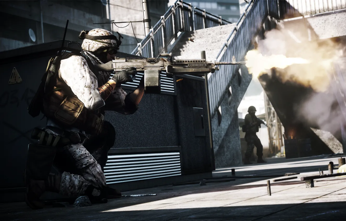 Фото обои выстрел, солдат, пулемет, Battlefield 3, бой.