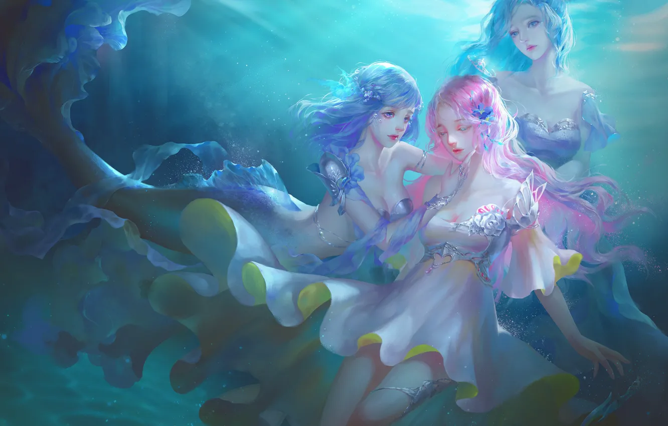 Фото обои вода, глубина, фэнтези, арт, русалки, mermaids