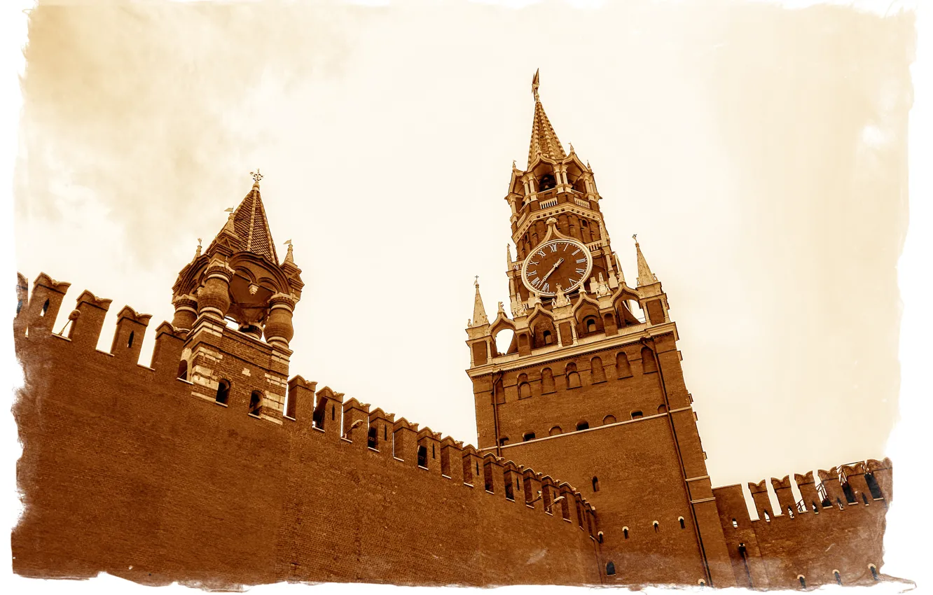 Фото обои Star, Moscow, Red Square, sepia, Красная Площадь, Kide Fotoart, Спасская Башня