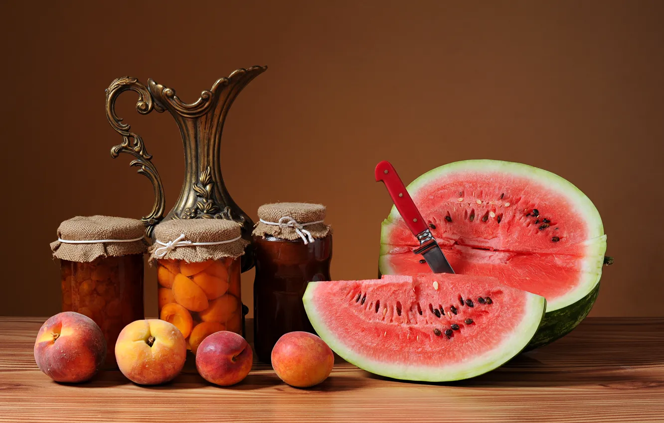 Фото обои арбуз, фрукты, натюрморт, персики, варенье