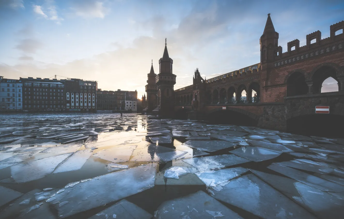 Фото обои лед, закат, мост, река, восход, рассвет, Германия, Germany