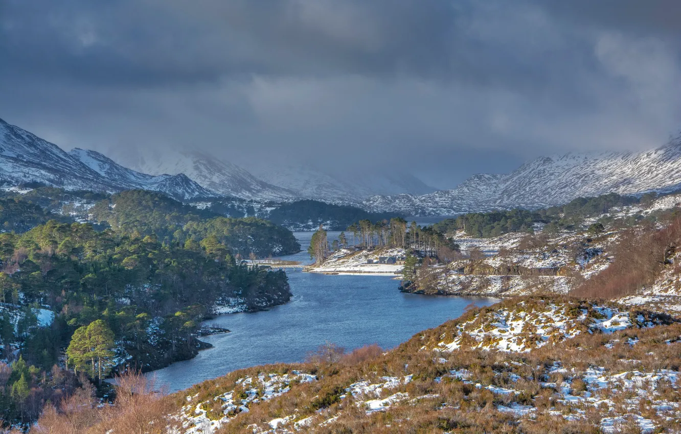 Фото обои зима, снег, горы, природа, озеро, Шотландия