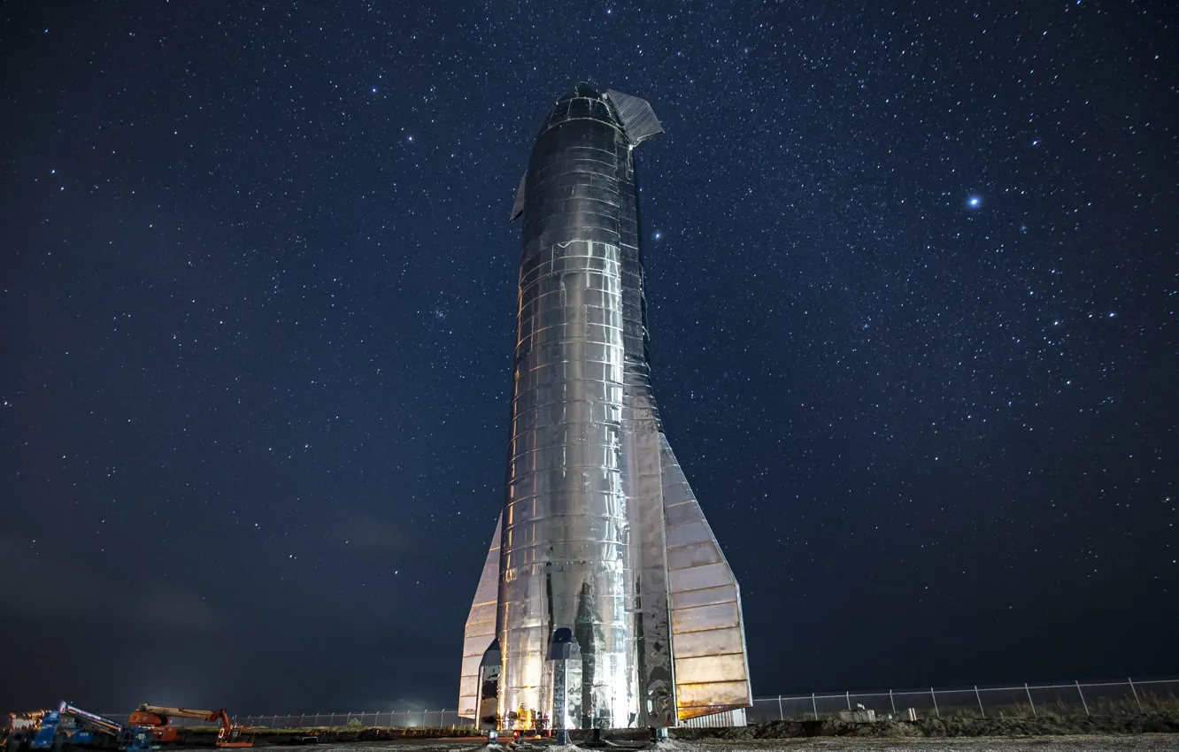 Фото обои Ночь, Звезды, Ракета, Космический корабль, SpaceX, Starship Mk1