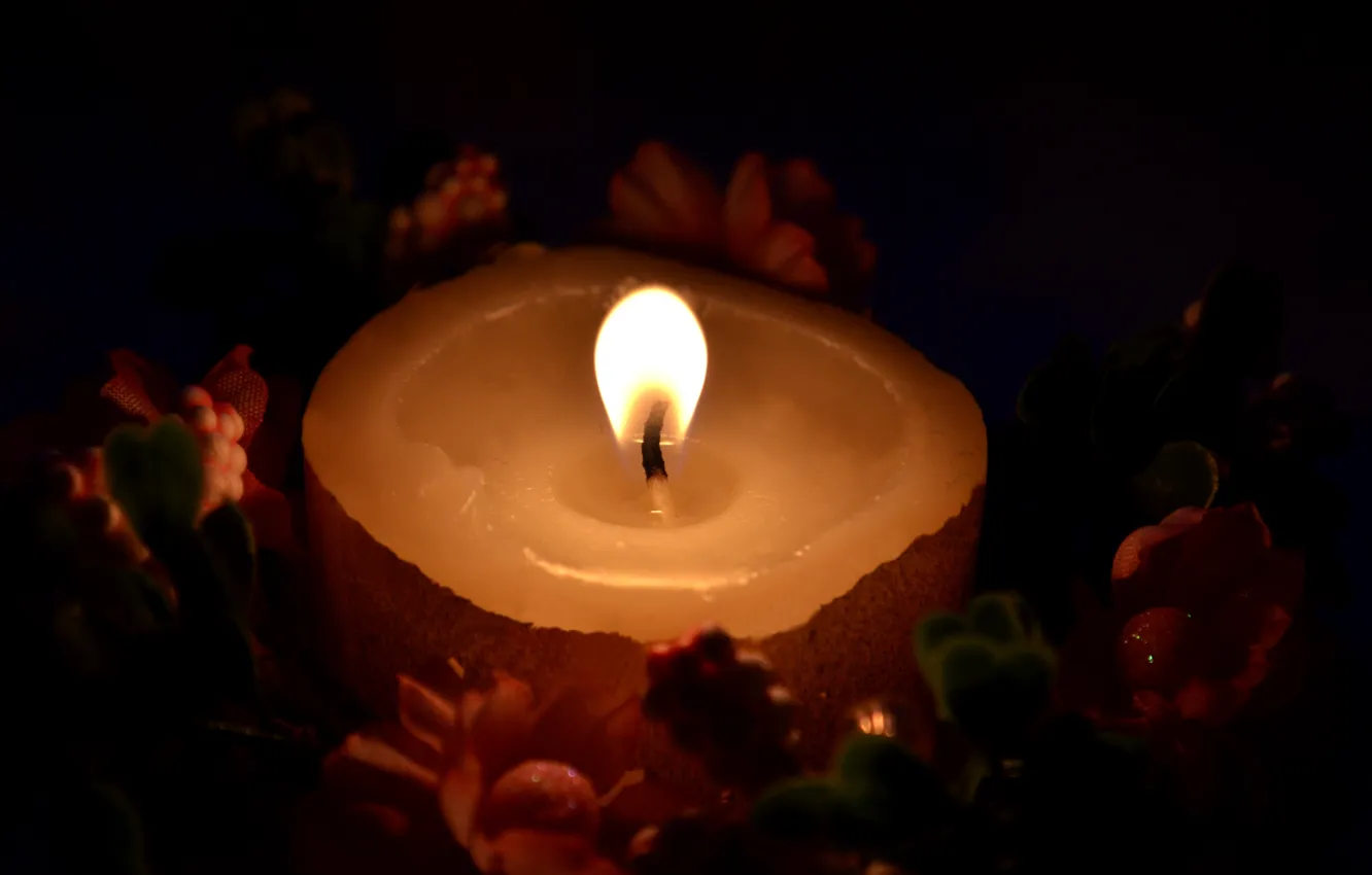 Фото обои цветы, огонь, пламя, Свеча, венок, свечка