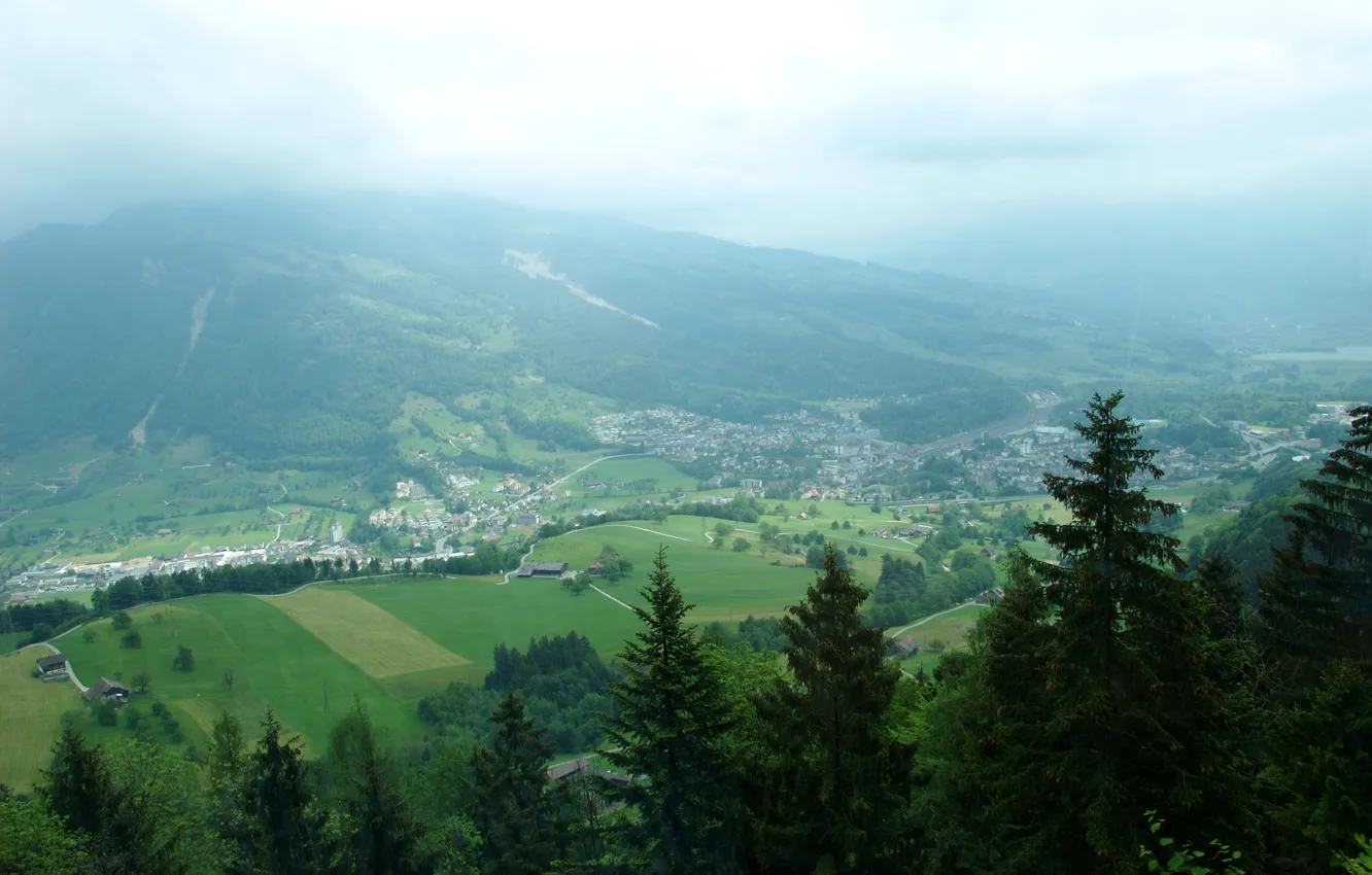 Фото обои лес, облака, деревья, туман, Швейцария, долина, деревня, Switzerland