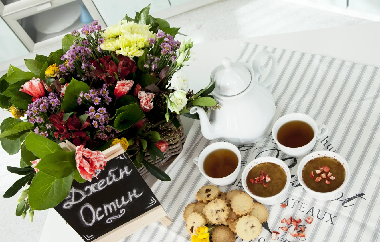 Фото обои Цветы, Букет, Tea, Flowers, Печенье, Bouquet, Чай