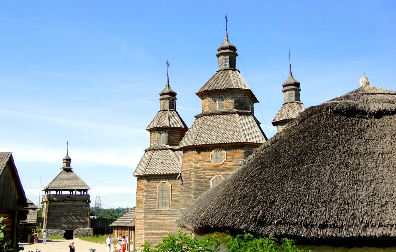 Фото обои остров, Украина, реконструкция, Запорожье, церковь Покрова Пресвятой Богородицы, историко-культурный комплекс Запорожская Сечь, Хортица