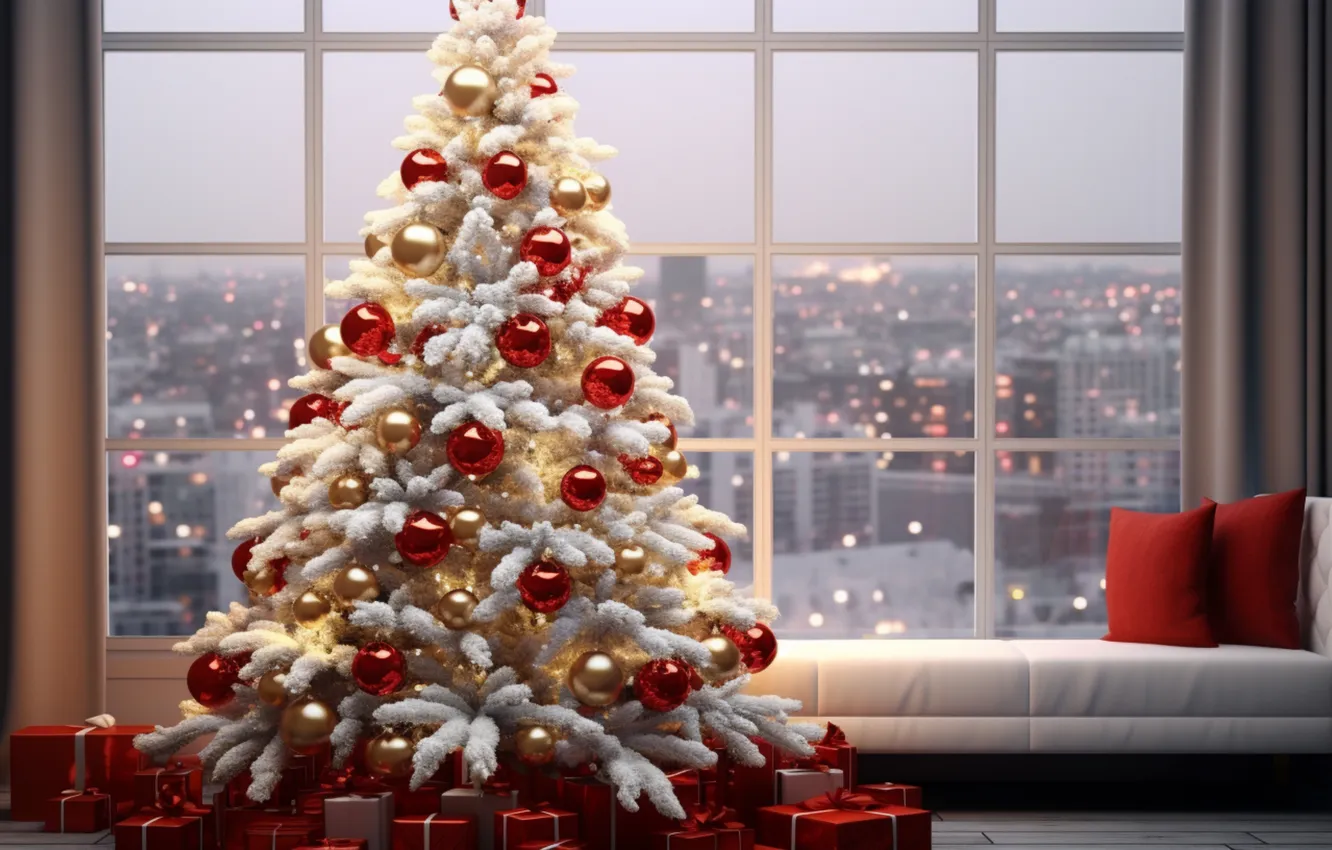 Фото обои украшения, комната, елка, интерьер, Рождество, подарки, Новый год, Christmas