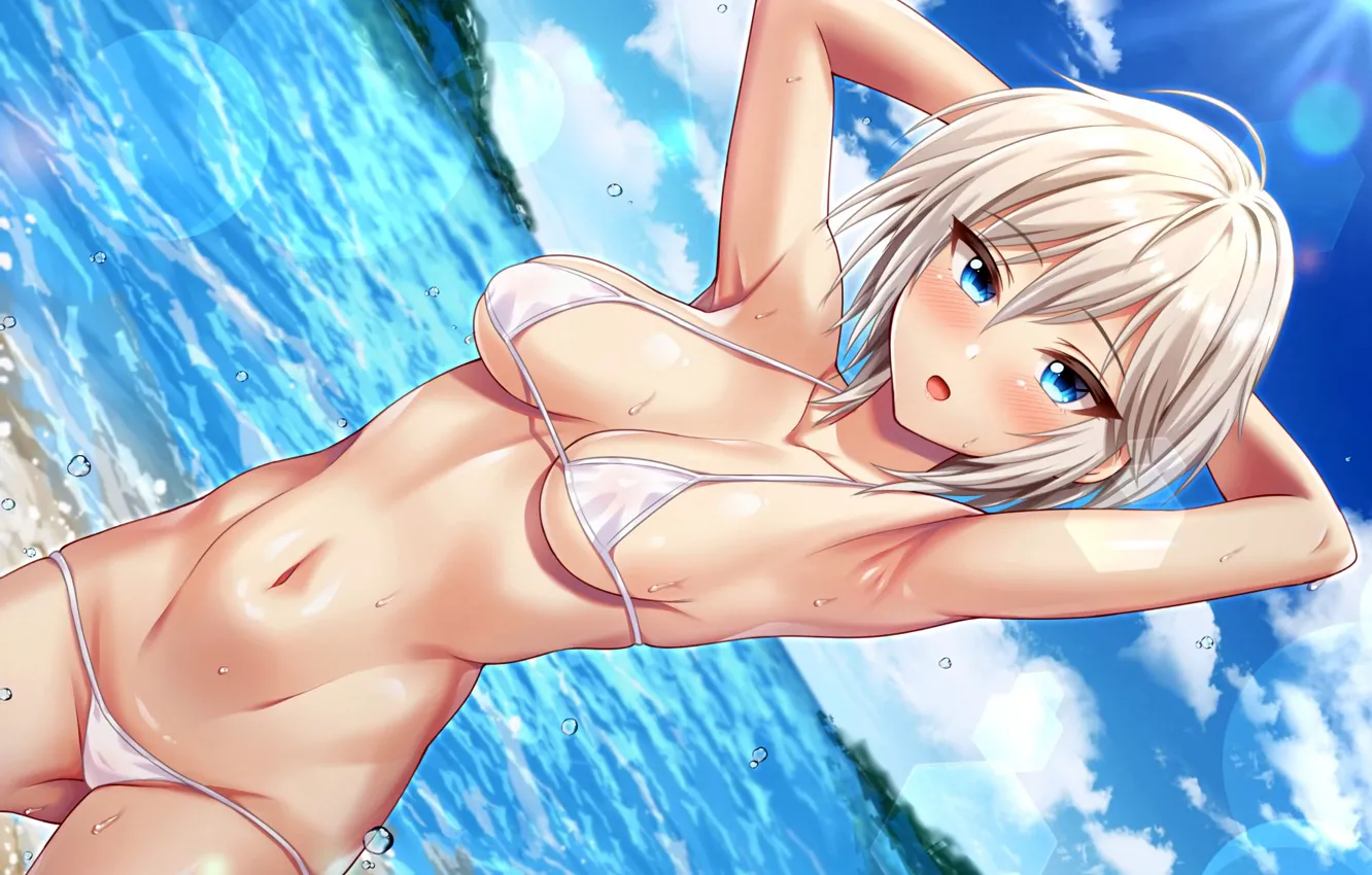 Фото обои girl, sexy, wet, cleavage, beach, sea, boobs, anime