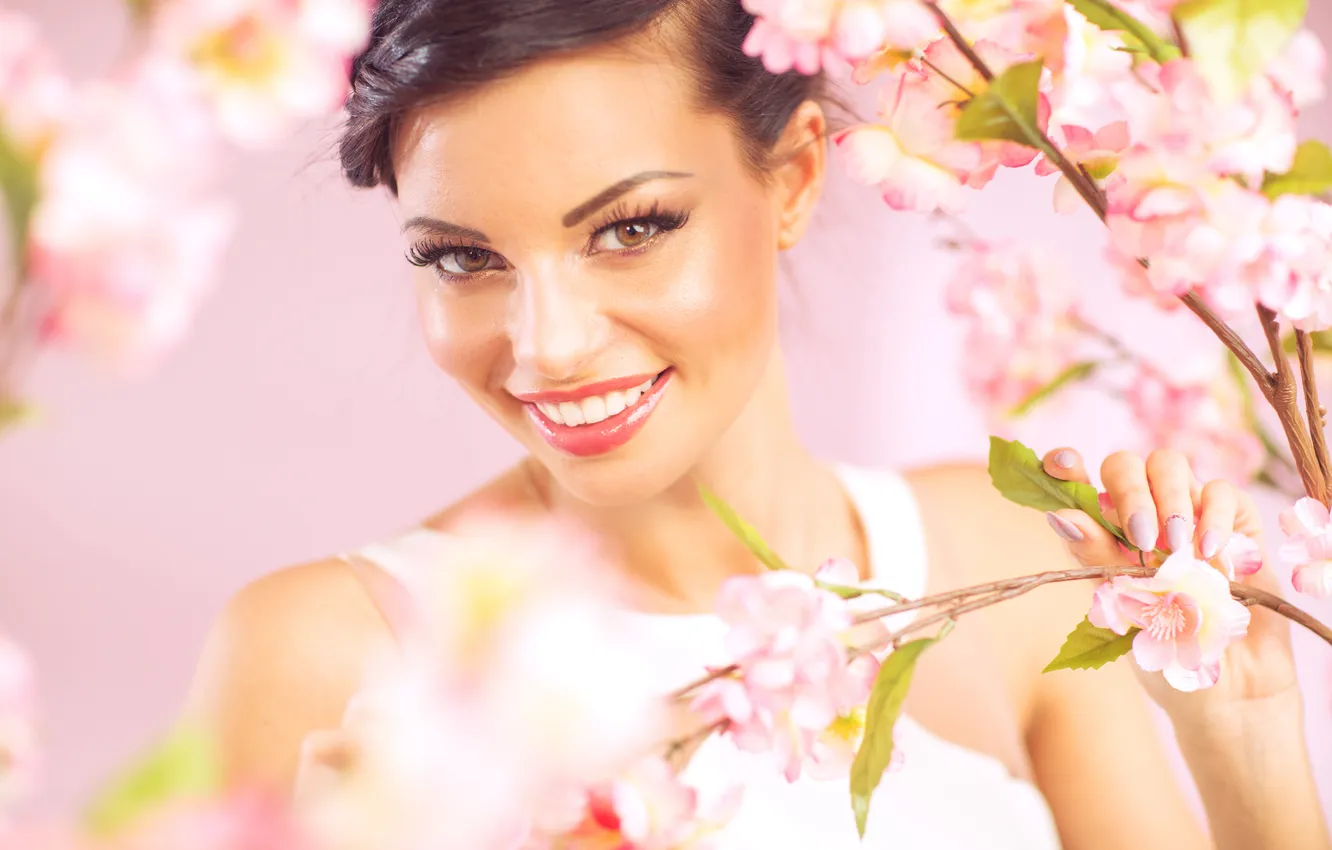 Фото обои глаза, девушка, цветы, лицо, женщина