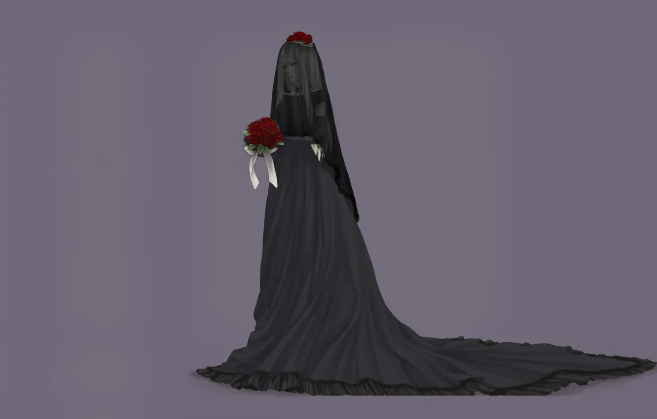 Фото обои одиночество, серый фон, черное платье, скорбь, Белоруссия, hetalia, букет роз, траур