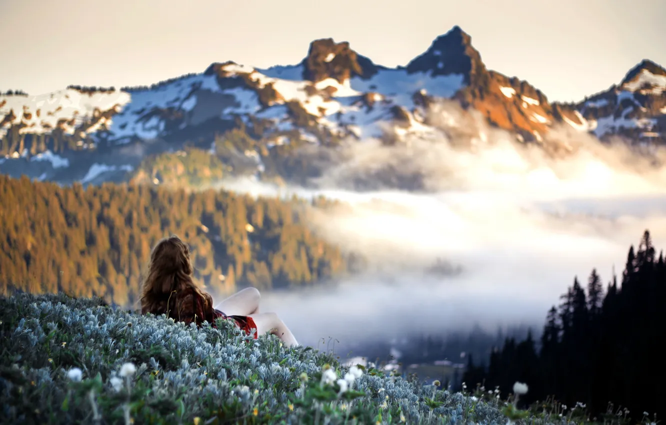 Фото обои девушка, горы, настроение, утро