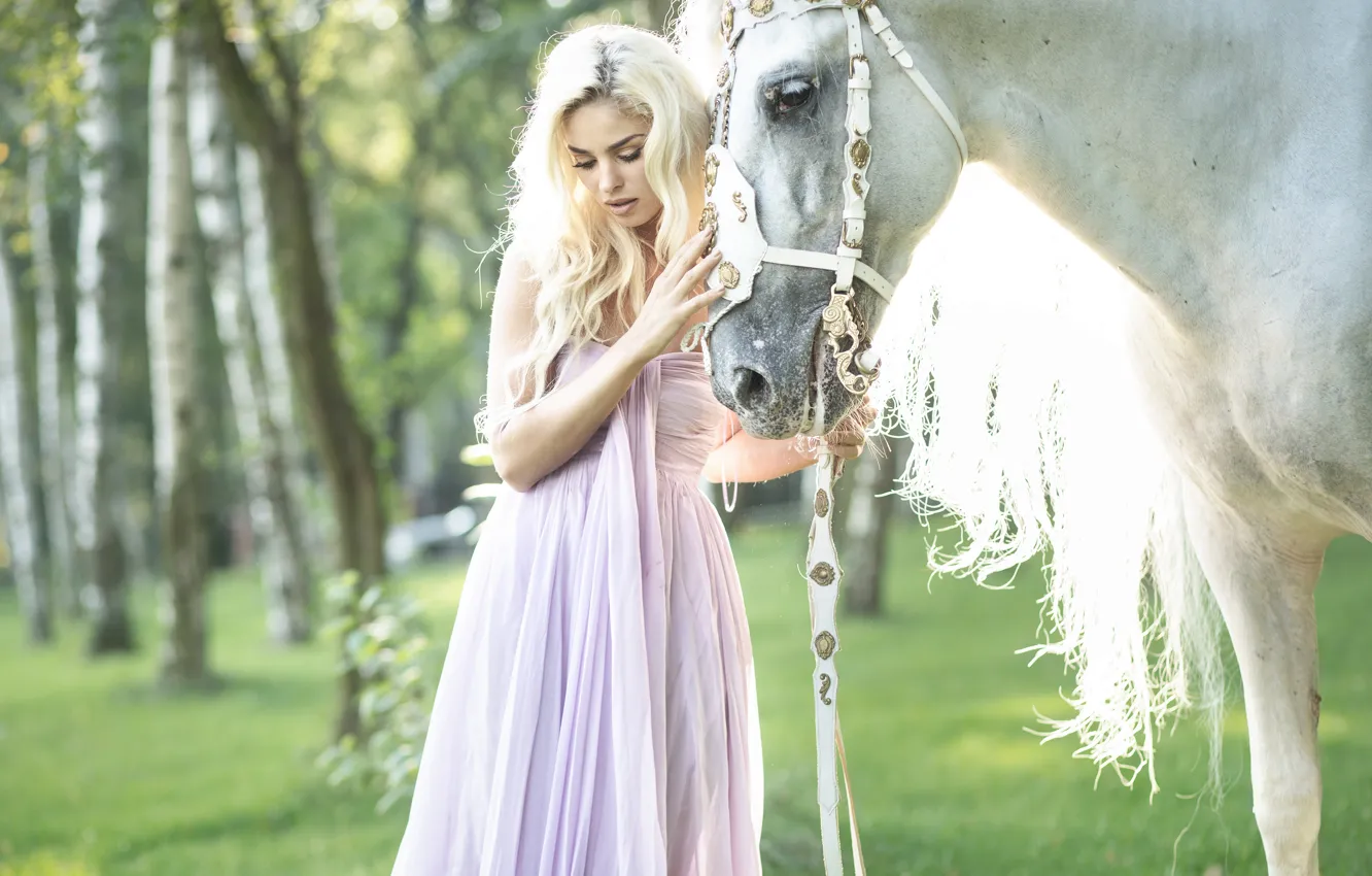 Фото обои девушка, конь, лошадь, платье