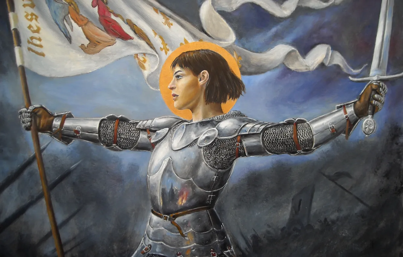 Фото обои девушка, меч, доспехи, знамя, Жанна Д'арк