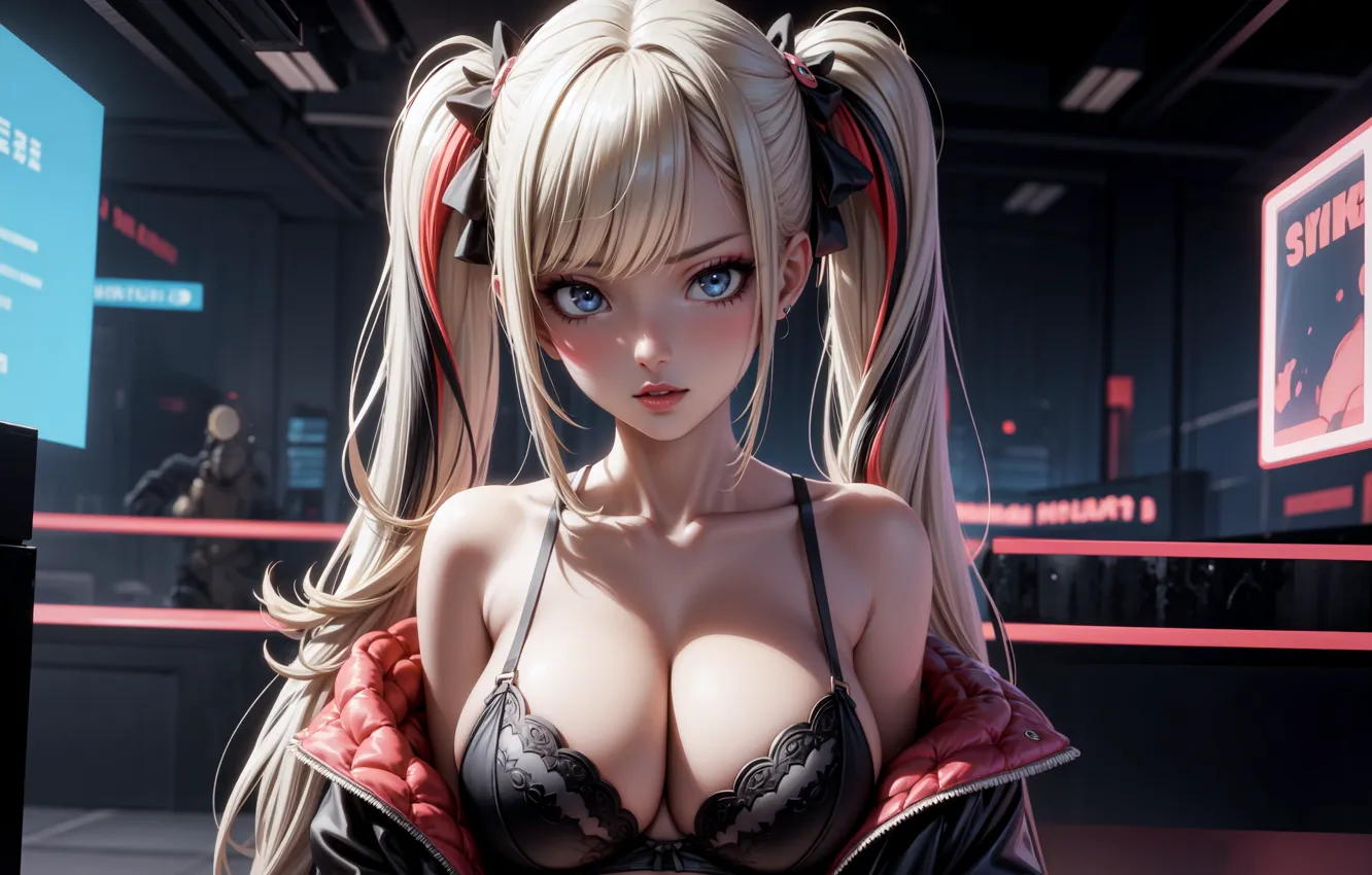 Фото обои girl, fantasy, bra, cleavage, art, blonde, rendering, jacket